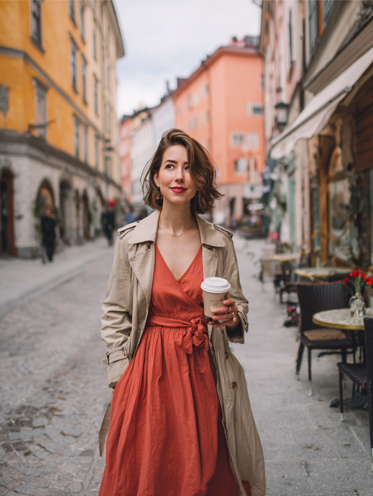 eleganter look mit einem kleid in beerentönen und einem mantel