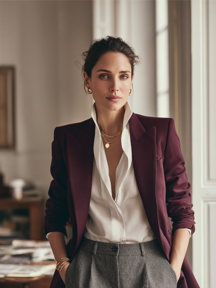 frau im büro look mit blazer in beerentönen