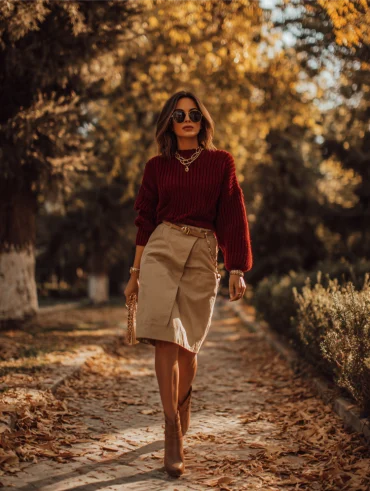 frau mit elegantem herbstlook mit einem pullover in beerenfarben und einem beigen rock