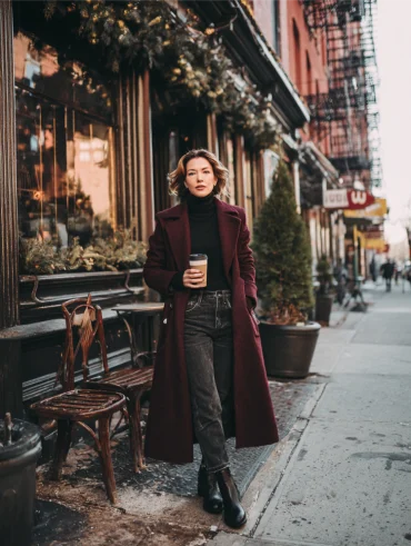 frau mit elegantem herbstlook und langem mantel in beerenfarbe