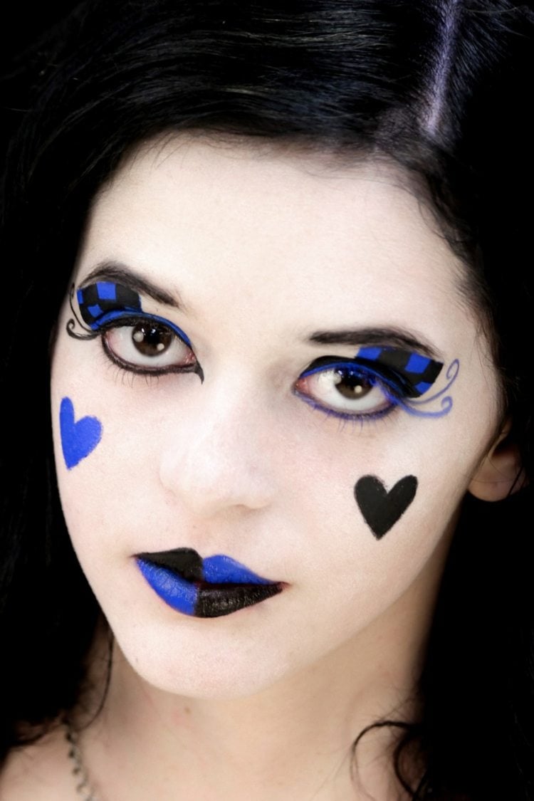 harlekin make up blau schwarz weißes gesicht halloween karneval