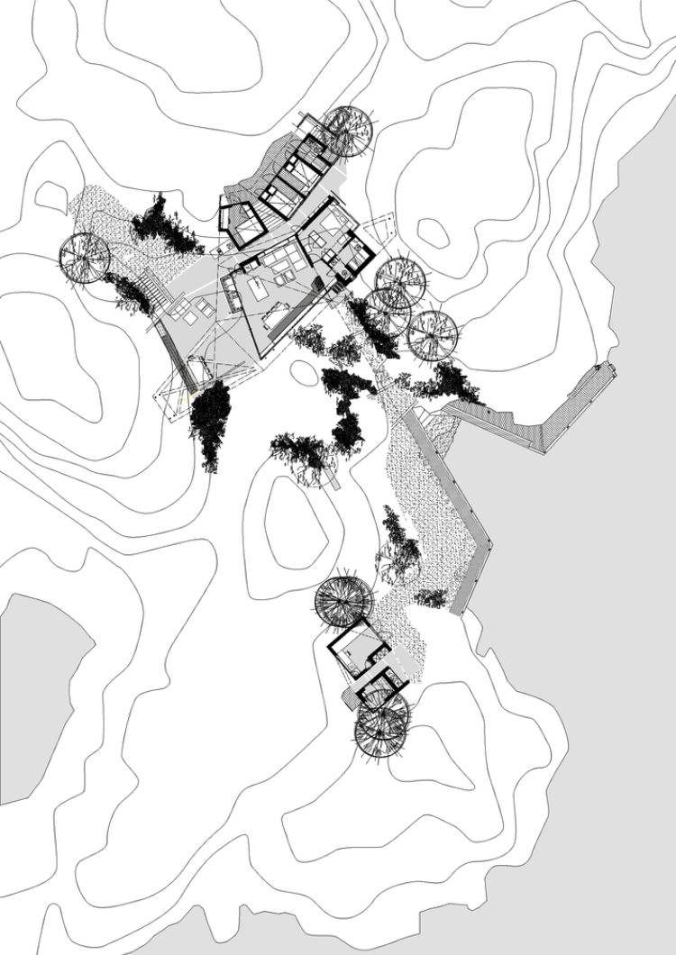 haus mit pultdach fjordhaus design felsen landschaft umgebung grundriss projekt skizze insel karte