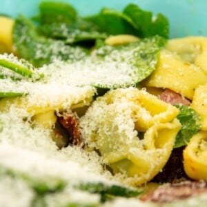 italienischer nudelsalat tortellini parmesan bestreut nahaufnahme