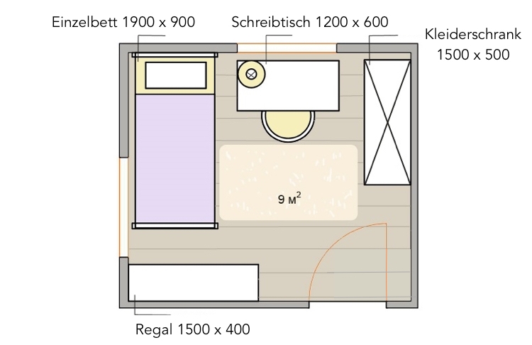 kleines KInderzimmer 9 qm einrichten Einzelbett Kleiderschrank Regal Schreibtisch vor dem Fenster