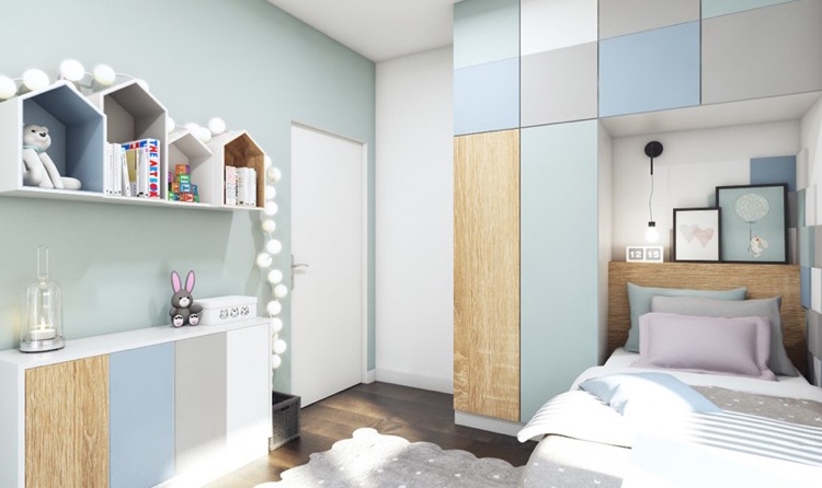 kleines Kinderzimmer Pastellfarben Einzelbett Schränke bis zur Decke