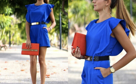 welche schuhe zum kurzen jumpsuit blau absatzsandalen in orange