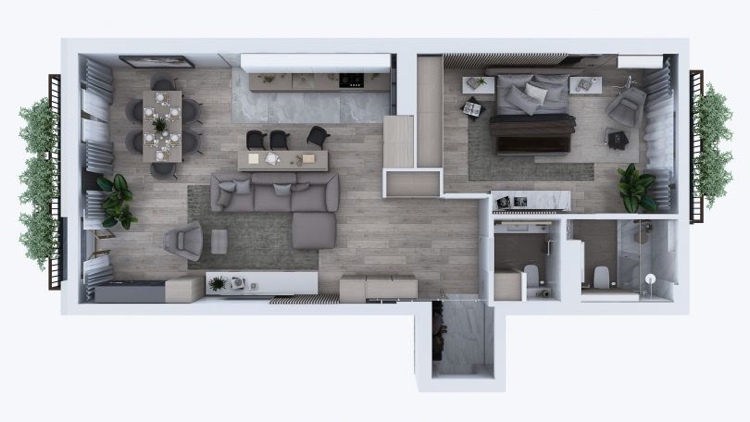 2 Zimmer Wohnung 80 Quadratmeter neutrale Farben Grundriss Visualisierung