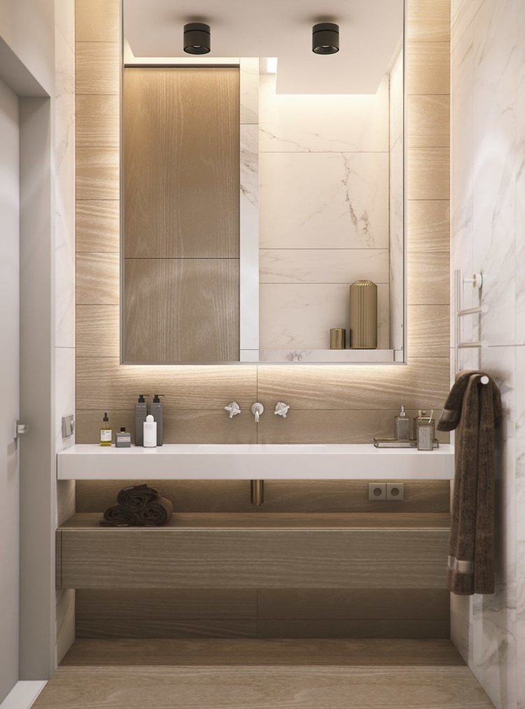 Badezimmer Fliesen in Holzoptik Spiegel mit Hinterbeleuchtung