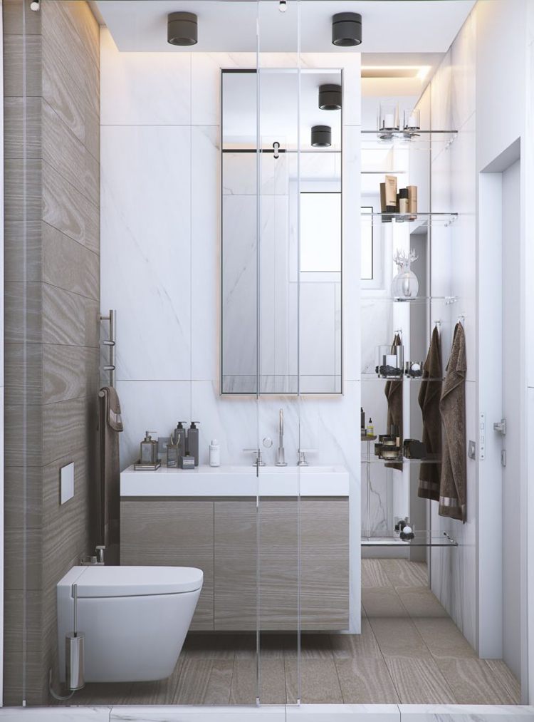 Badezimmer Weißer Marmor und Holzoptik Spiegelwand für optische Vergrößerung