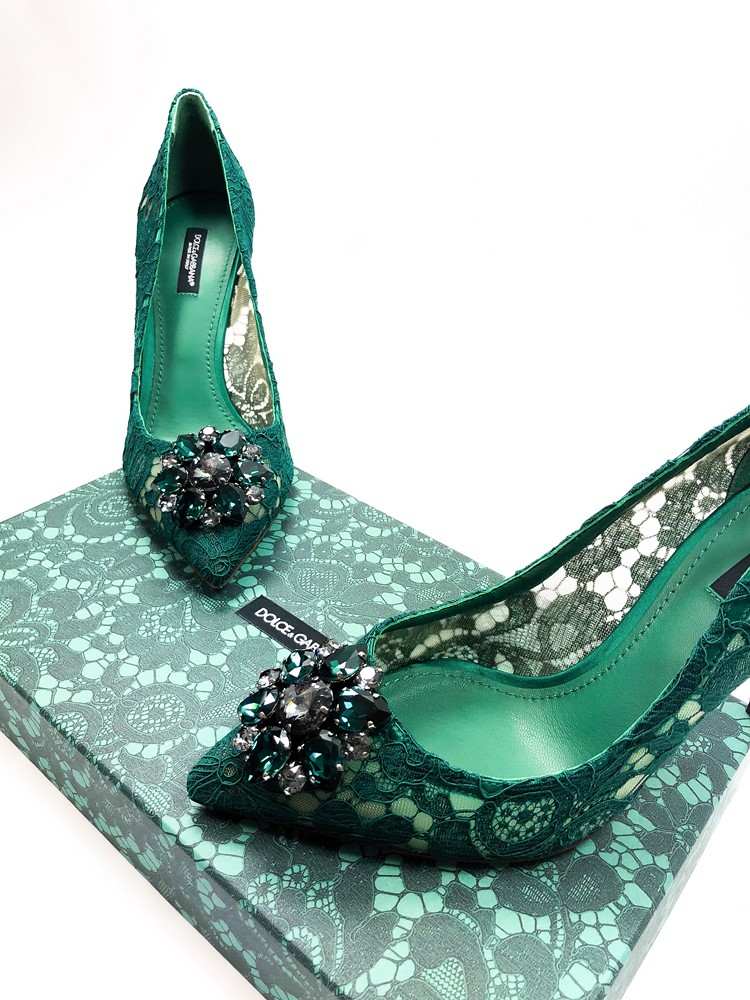 Designer Schuhtrends Pumps smaragdgrün Dolce&Gabbana gewebte Spitze