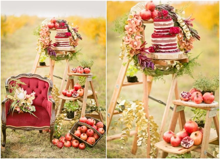 Herbsthochzeit Vintage Granatäpfel Holzleiter Sessel Naked Torte