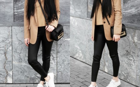 Leggings im Herbst brauner Blazer Rollkragenpullover weiße Sneaker