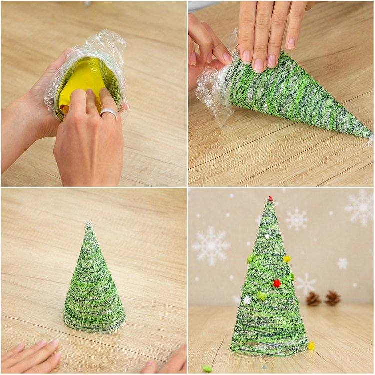 Mini-Weihnachtsbaum aus Faden Papierkegel Frischhaltefolie basteln