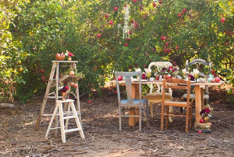Vintage Hochzeit im Herbst Holztisch und Leiter Granatapfelbaum