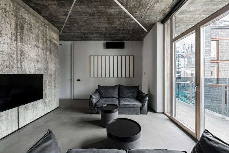 altbauwohnung renovieren ideen minimalistisch design betonwände monochrom bild streifen sofa glastüren aussicht terrasse balkon