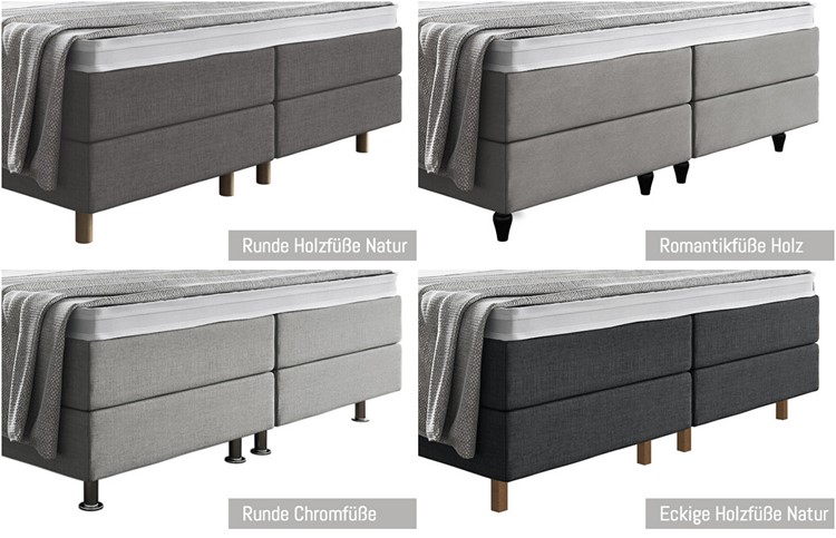 boxspringbetten konfigurator verschiedene Bettfüsse aus Holz oder Chrom
