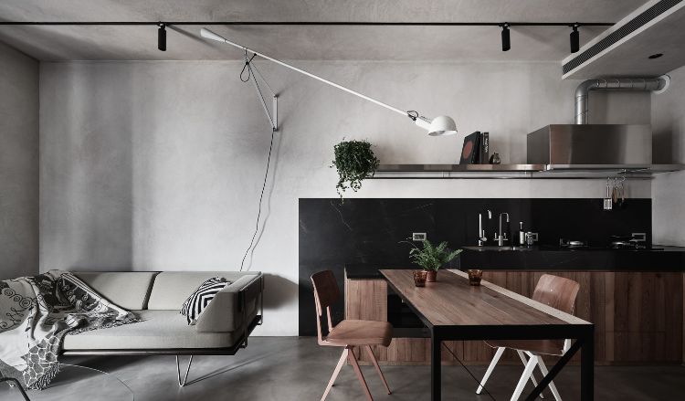 couch lampe drehbar esstisch stuhl betonboden decke beleuchtung küche zeitgenössisch design