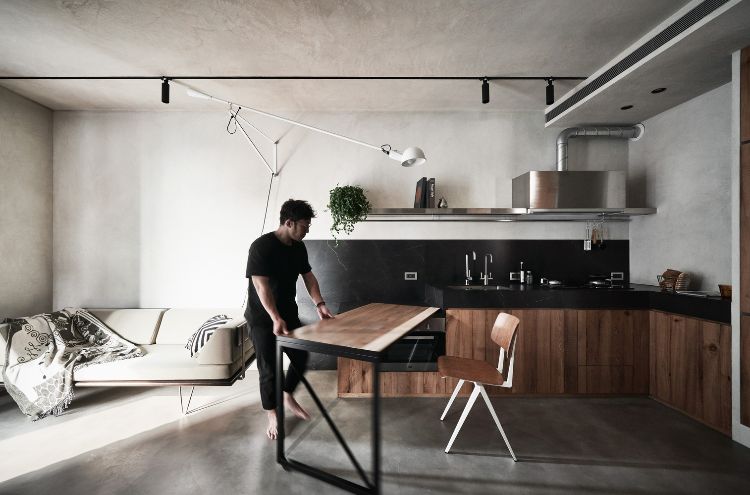 couch lampe drehbar tisch stuhl betonboden decke beleuchtung küche zeitgenössisch design