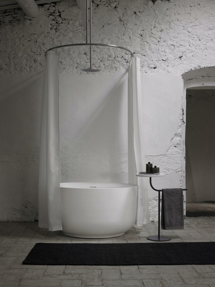 inbani origin serie set 6 freistehende badewanne rund ceramilux natürliche mineralien duschvorhang