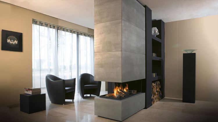 kamin mitten im raum gestalten wohnzimmer feuerstelle zeitgenössisch ideen trend minimalistisch formell