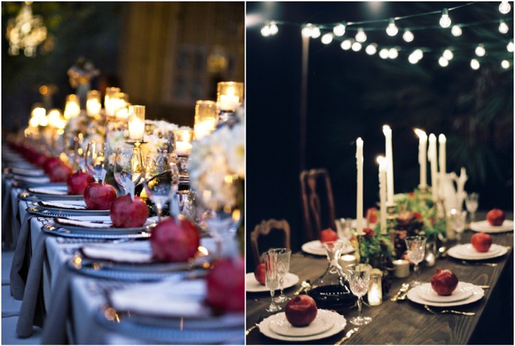 lange Tische zur Hochzeit dekorieren rote Granatäpfel Kerzen in der Mitte