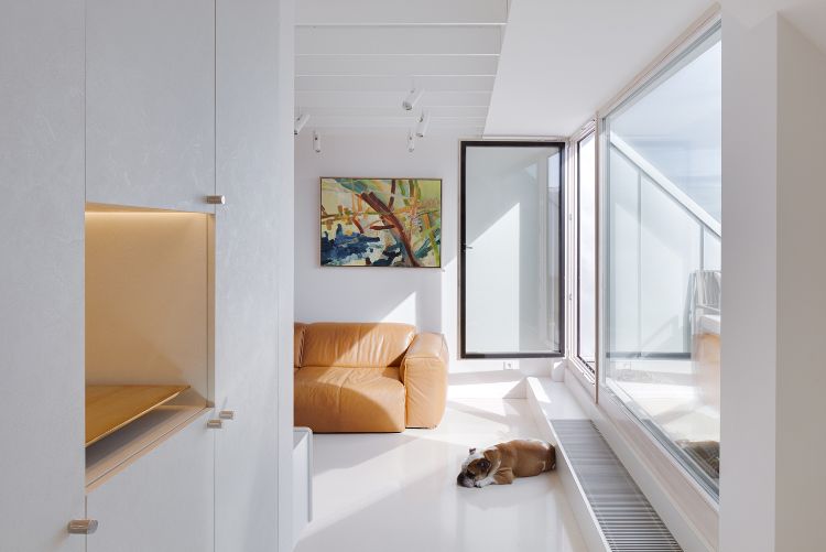 maisonette galeriewohnung schrägdach apartment moderne designermöbel sofa kunststücke fernseher hund balkon glastür