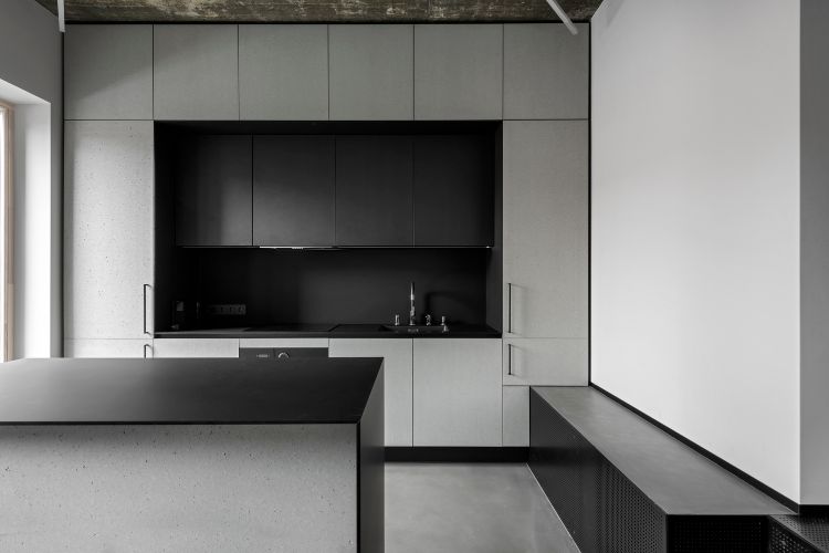 minimalistisch einbauküche kombiniert schwarz grau weiß monochrom modern ausstattung