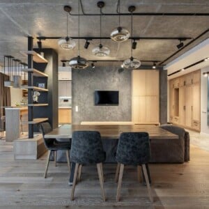 moderne familienwohnung zeitgenössisch wohnraum minimalistisch wohnzimmer sofa teppich rustikal hängeleuchte fenster