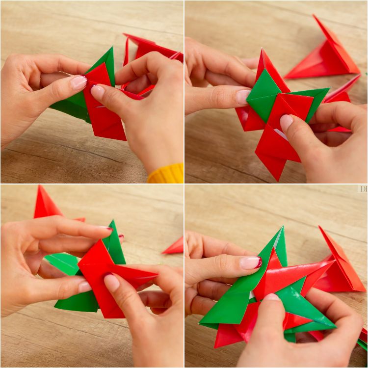 modulares origami stern wihnachtsstern selber basteln grün rot papierstücke befestigen
