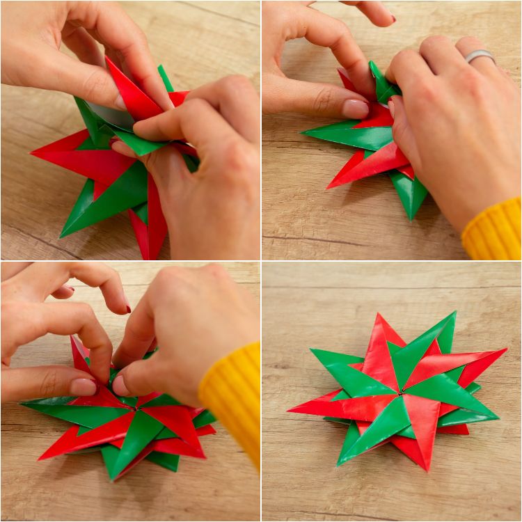 modulares origami stern wihnachtsstern selber basteln grün rot papierstücke fertig ergebnis