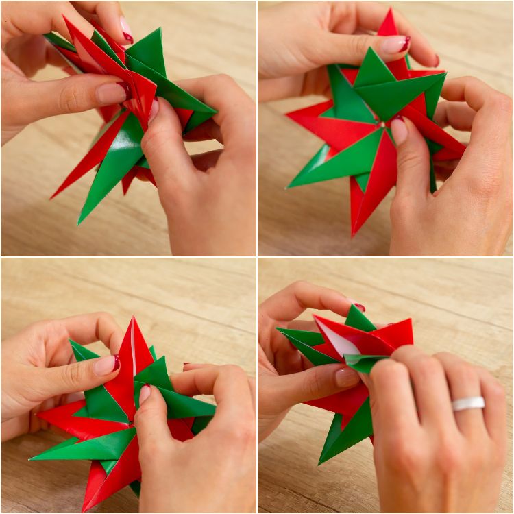 modulares origami stern wihnachtsstern selber basteln grün rot papierstücke fertigstellen