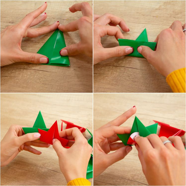 modulares origami stern wihnachtssterne selber basteln grün rot papierstücke befestigen