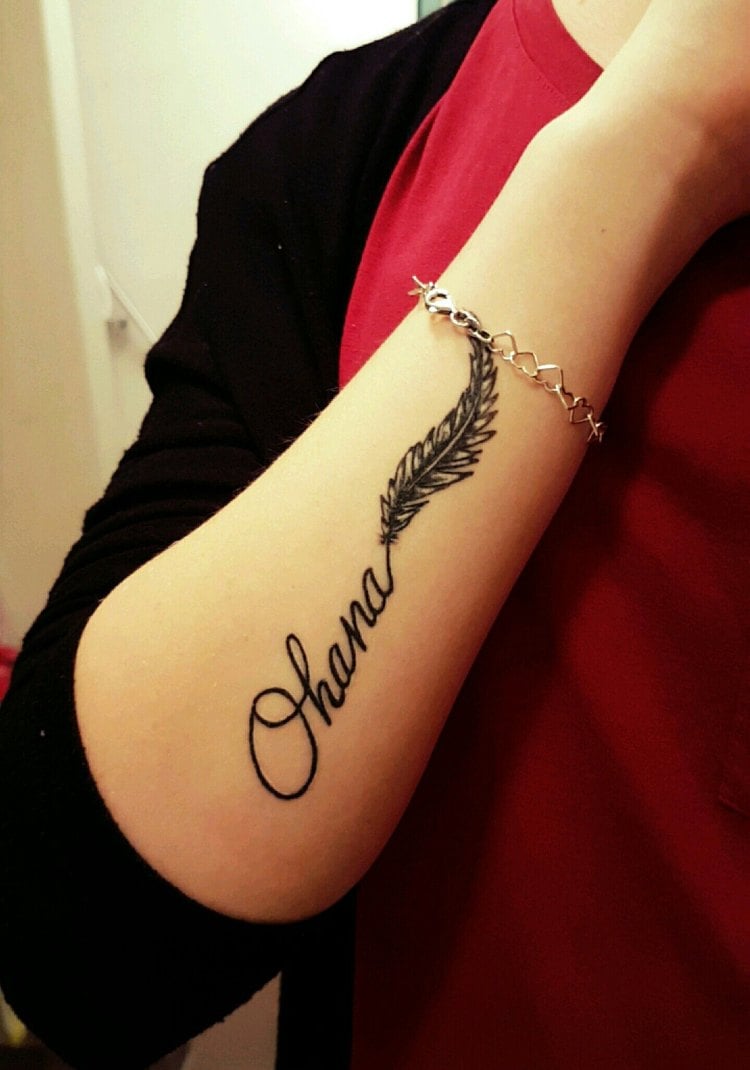 ohana tattoo feder schrift unterarm