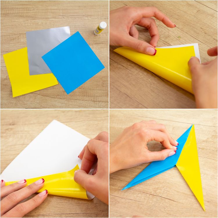 origami sterne wihnachtssterne selber basteln weihnachten falten einfach papierstücke blatt blau gelb uhu klebstoff faltanleitung schritte
