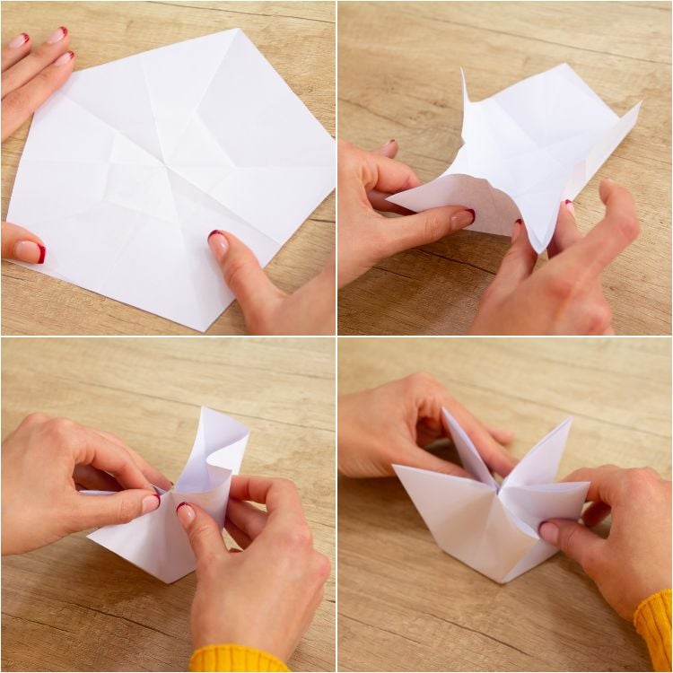 origami sterne wihnachtssterne selber basteln weiß blatt papier fünfeck zusammenfalten