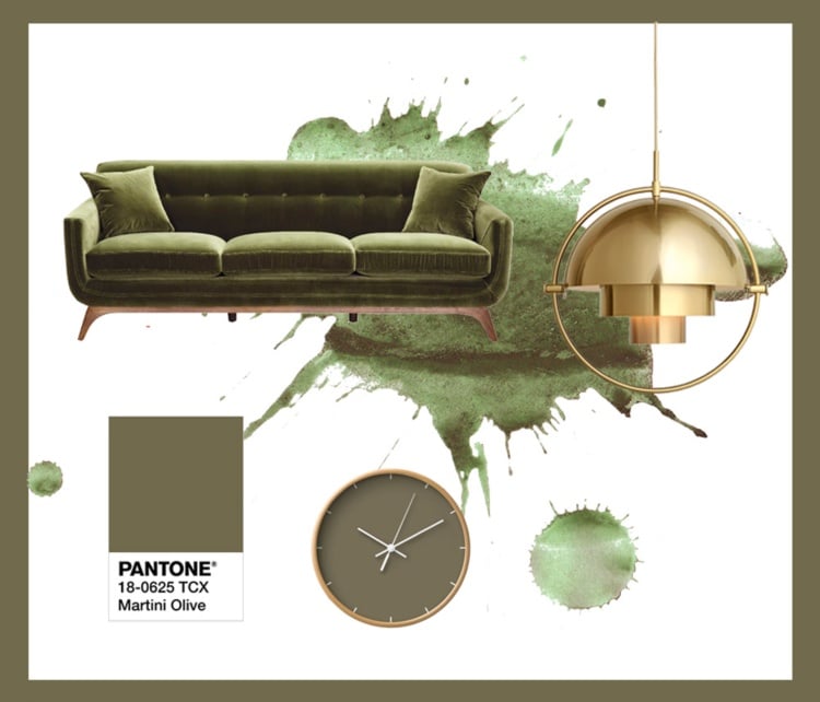 pantone farben olivengrün gold sofa wanduhr