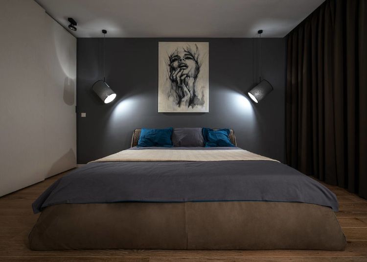schlafzimmer dunkel bild beleuchtung grautöne braun farbkombination