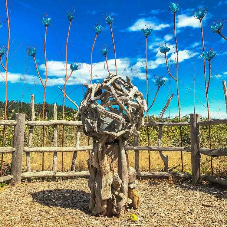treibhölzer statue kunst formen stahl zaun garten gerüst apfel blau himmel blüten