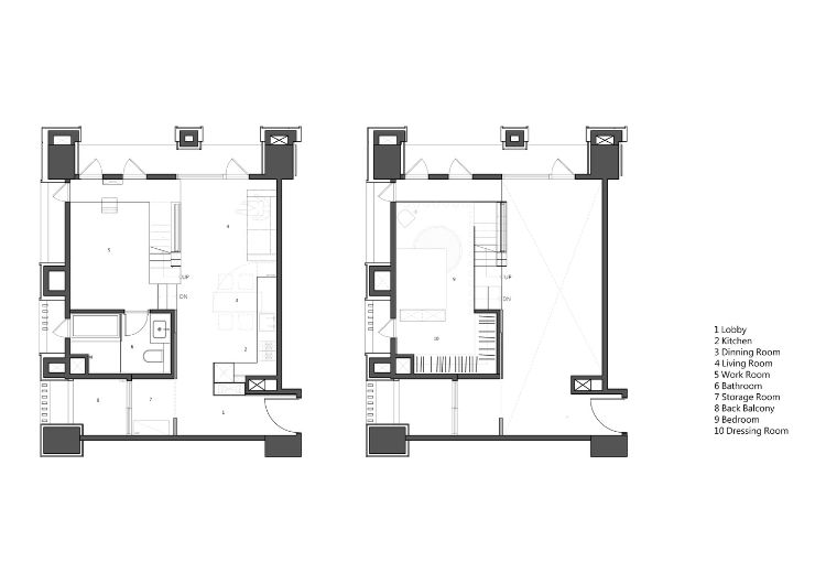 wohnung mit empore hochbett holzverkleidung regale weiß raumnutzung einzimmerwohnung atelier design grundriss