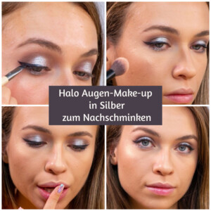 Halo Augen Make-up in Silber und dezent getönte Lippen