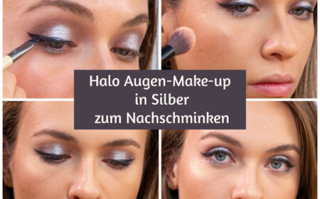 Halo Augen Make-up in Silber und dezent getönte Lippen