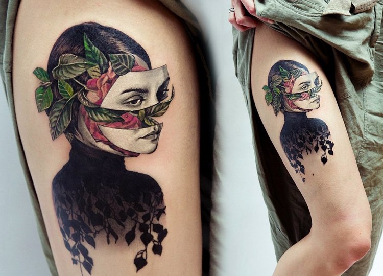New School Tattoostil Trend futuristisch bunt Bein Frau