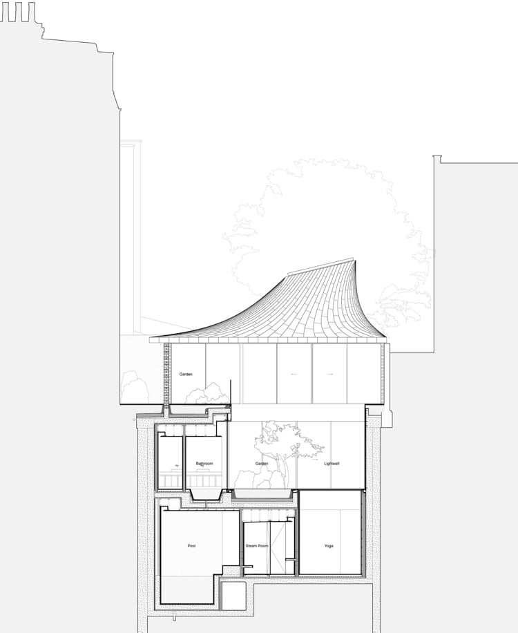 Querschnitt Plan schmales Haus trichterförmiges Dach