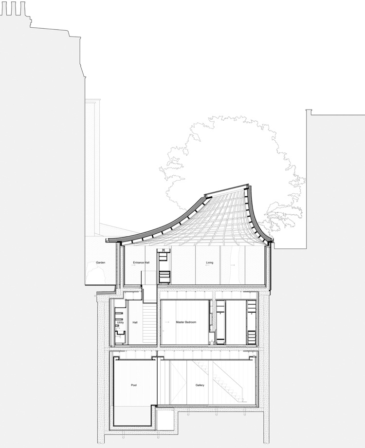 Querschnitt Stadthaus Plan trichterförmiges Dach