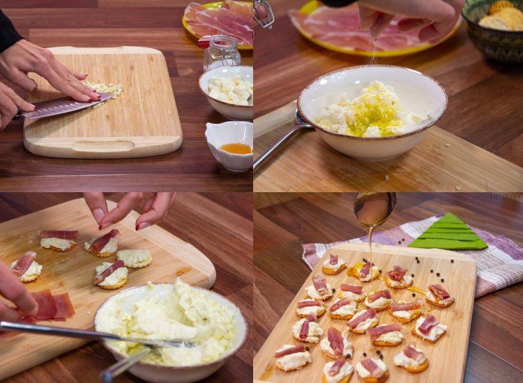Silvester Fingerfood Zubereitung Cracker Honig Frischkäse Proscuitto