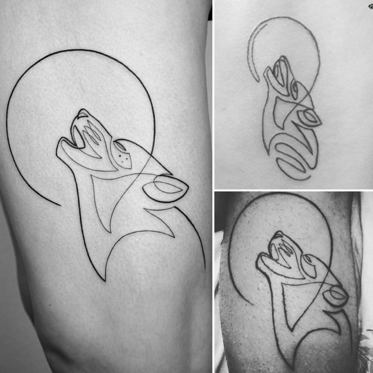 Tattoo Trend 2019 Motiv aus einer enzelnen Linie Wolf und Mond