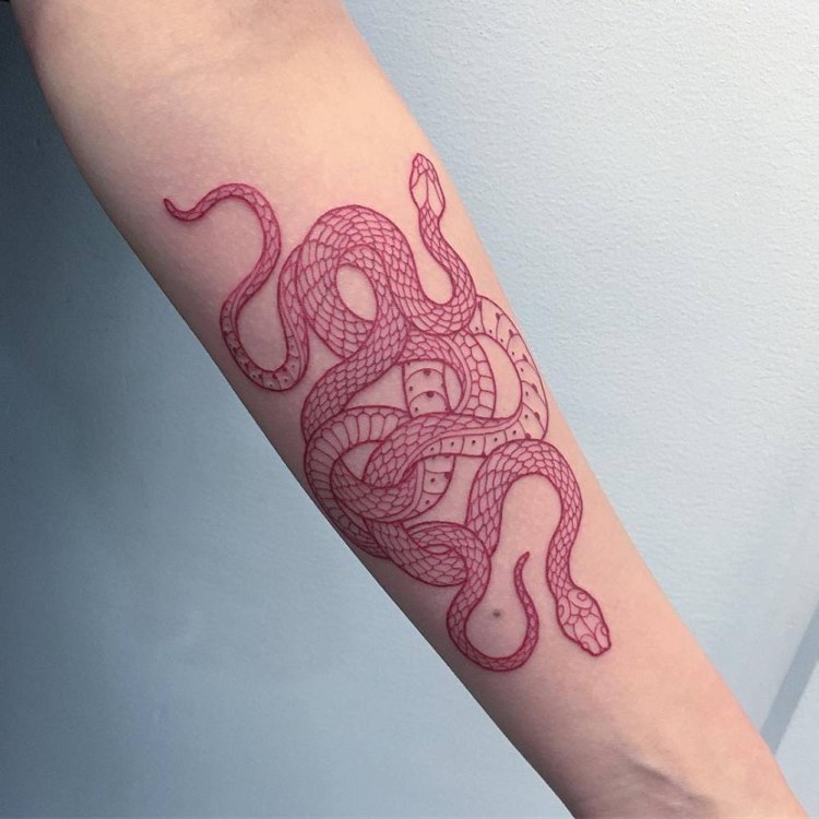Tattoo mit roter Tinte zwei ineinander verschlungene Schlangen Mann Arm Innenseite