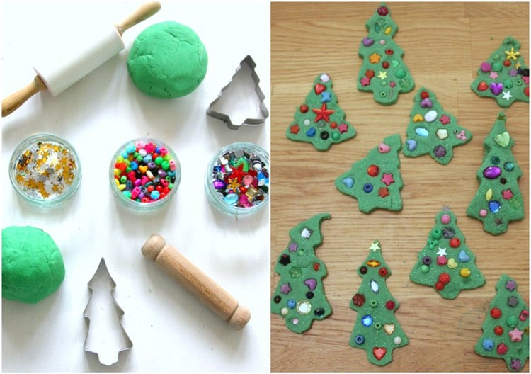 Weihnachtsbäume aus Spielknete selber machen dekorieren Bastelidee zu Weihnachten