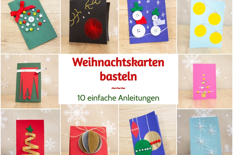 Weihnachtskarten selber basteln einfache Anleitungen originell mit Knöpfen, Perlen und Garn