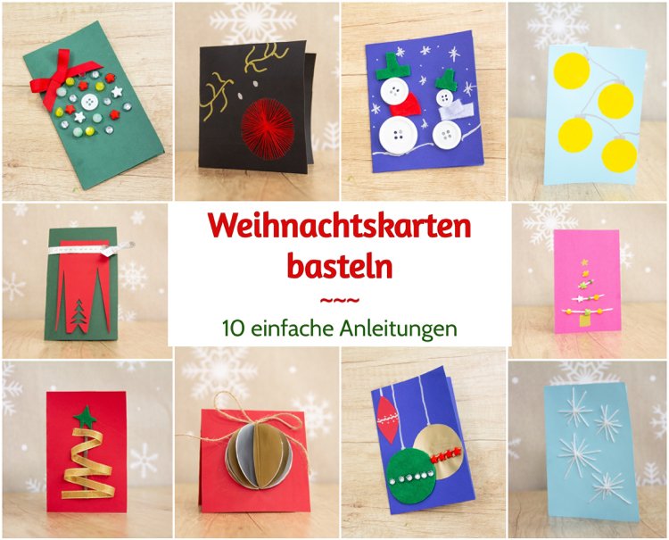 Weihnachtskarten selber basteln einfache Anleitungen originell mit Knöpfen, Perlen und Garn